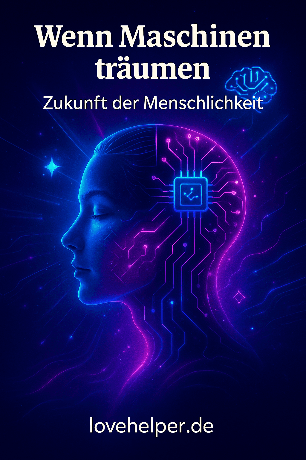 Futuristische Illustration eines träumenden Menschen und einer künstlichen Intelligenz, die sich in einer leuchtenden Verbindung begegnen. Halb menschlicher Kopf, halb KI-Schaltkreise – Symbol dafür, wie künstliche Intelligenz die Zukunft der Menschlichkeit prägt.