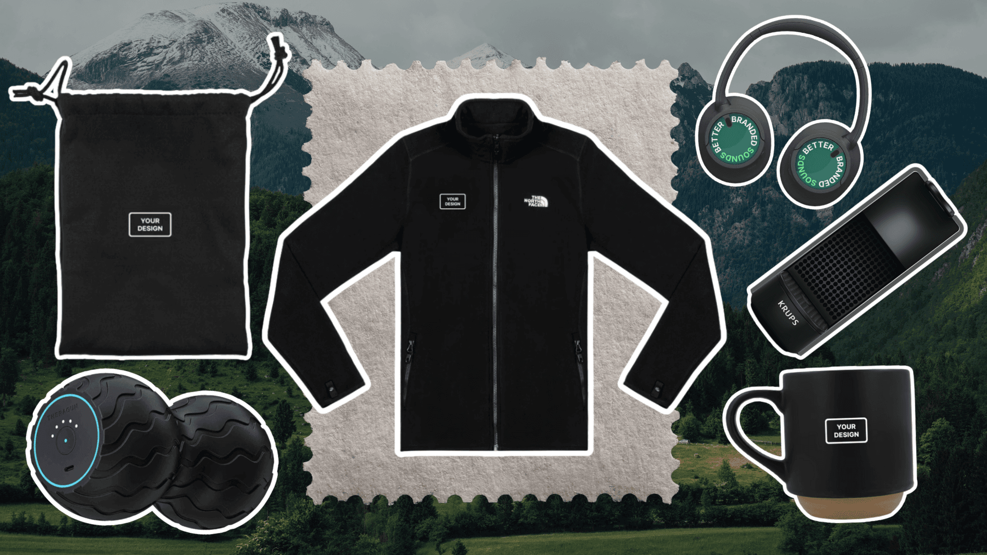 Premium merk zakelijke relatiegeschenken inclusief een North Face jack, mok, trekkoord buidel, koptelefoon, mini espressomaker en massageballen tegen een berglandschap.