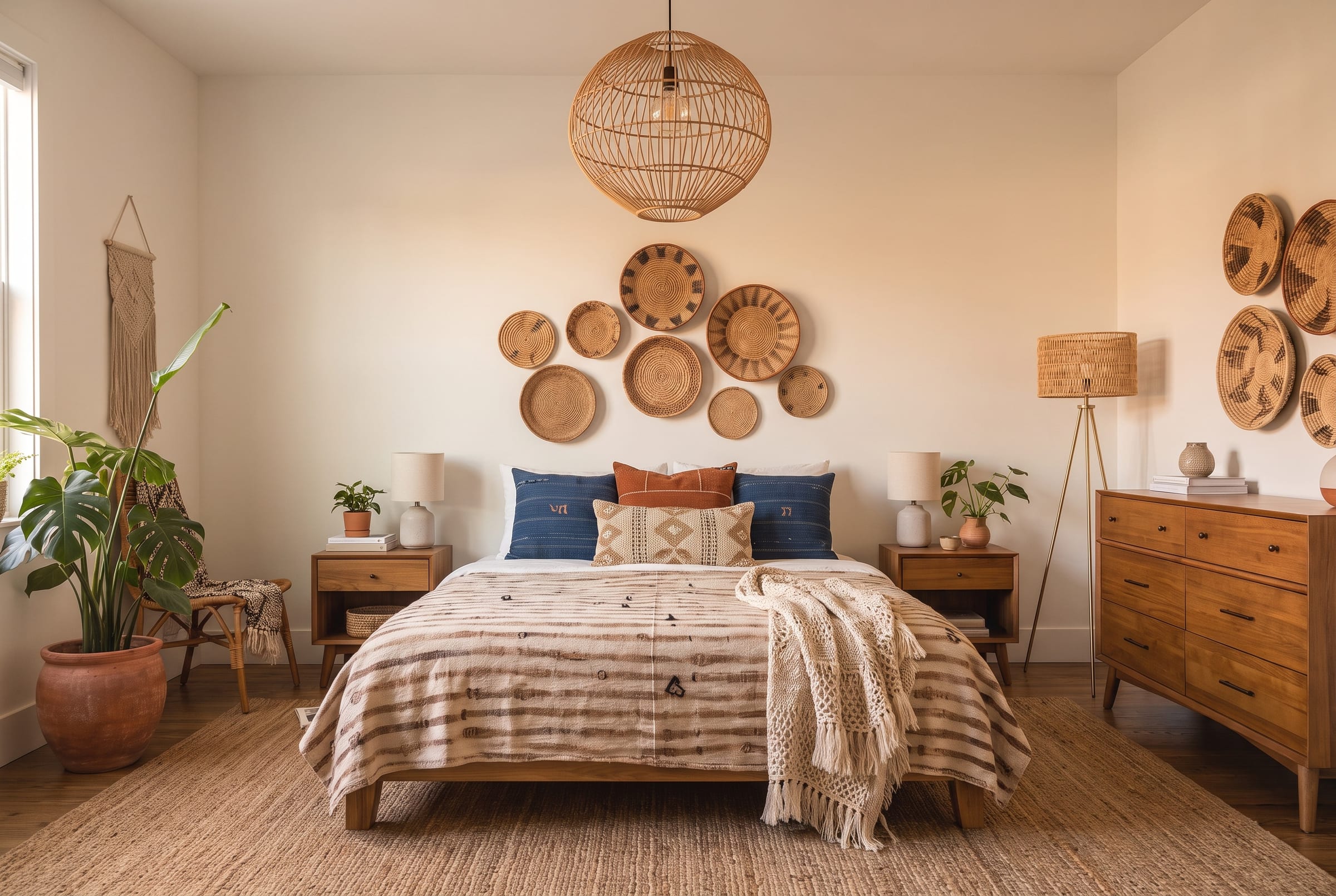Schlafzimmer im Boho-Stil mit Rattan-Pendelleuchte über dem Bett, zwei kleinen Tischleuchten auf Nachttischen, Stehleuchte mit Stoffschirm neben der Holzkommode und Pflanzen