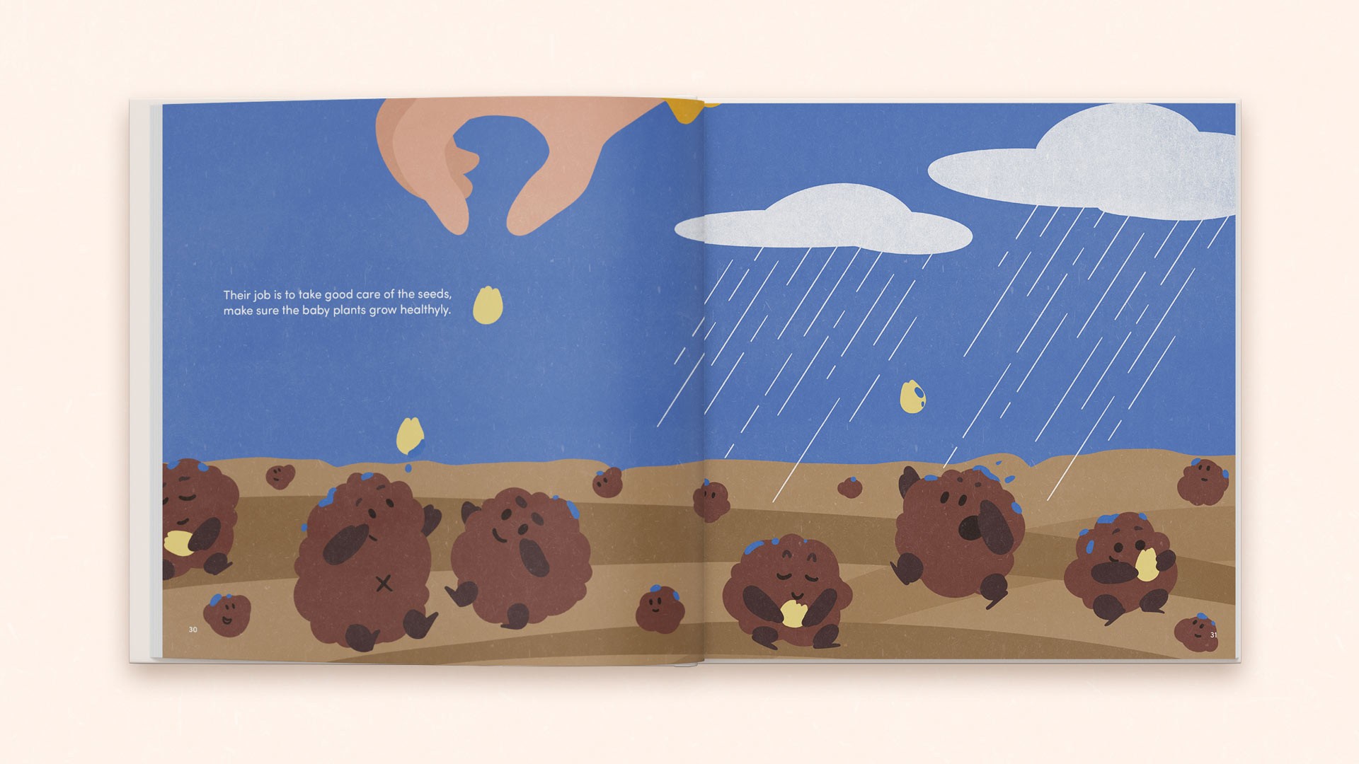 An open book displays a blue background with two stylized clouds and falling rain. Below, a row of brown sheep with blue markings stand on a tan ground. The text reads: “Their job is to take good care of the seeds. Make sure the baby plants grow healthy.”