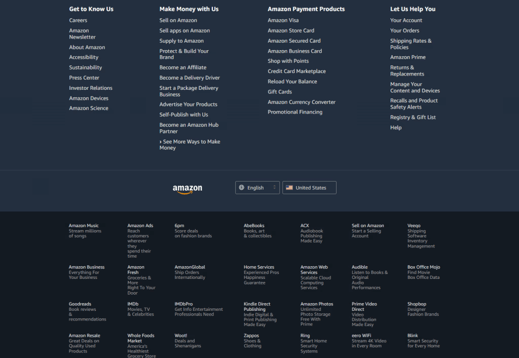 amazon website footer