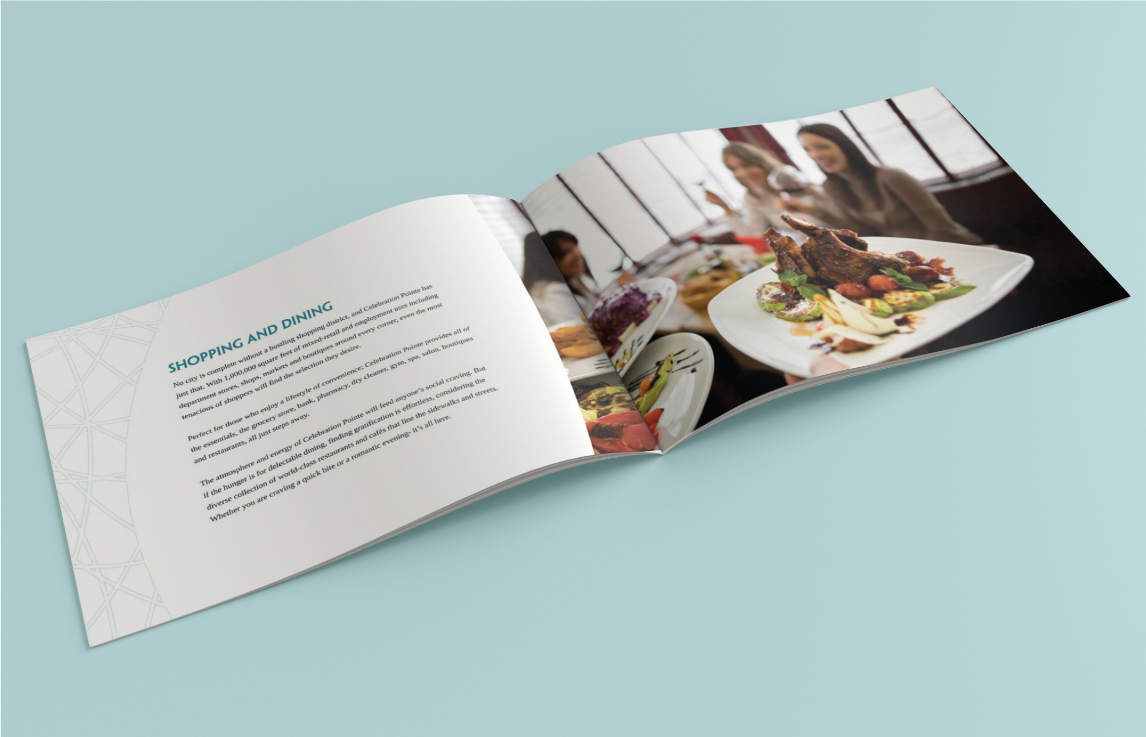 Interior spread of a brochure, focusing on the shopping and dining at the development.