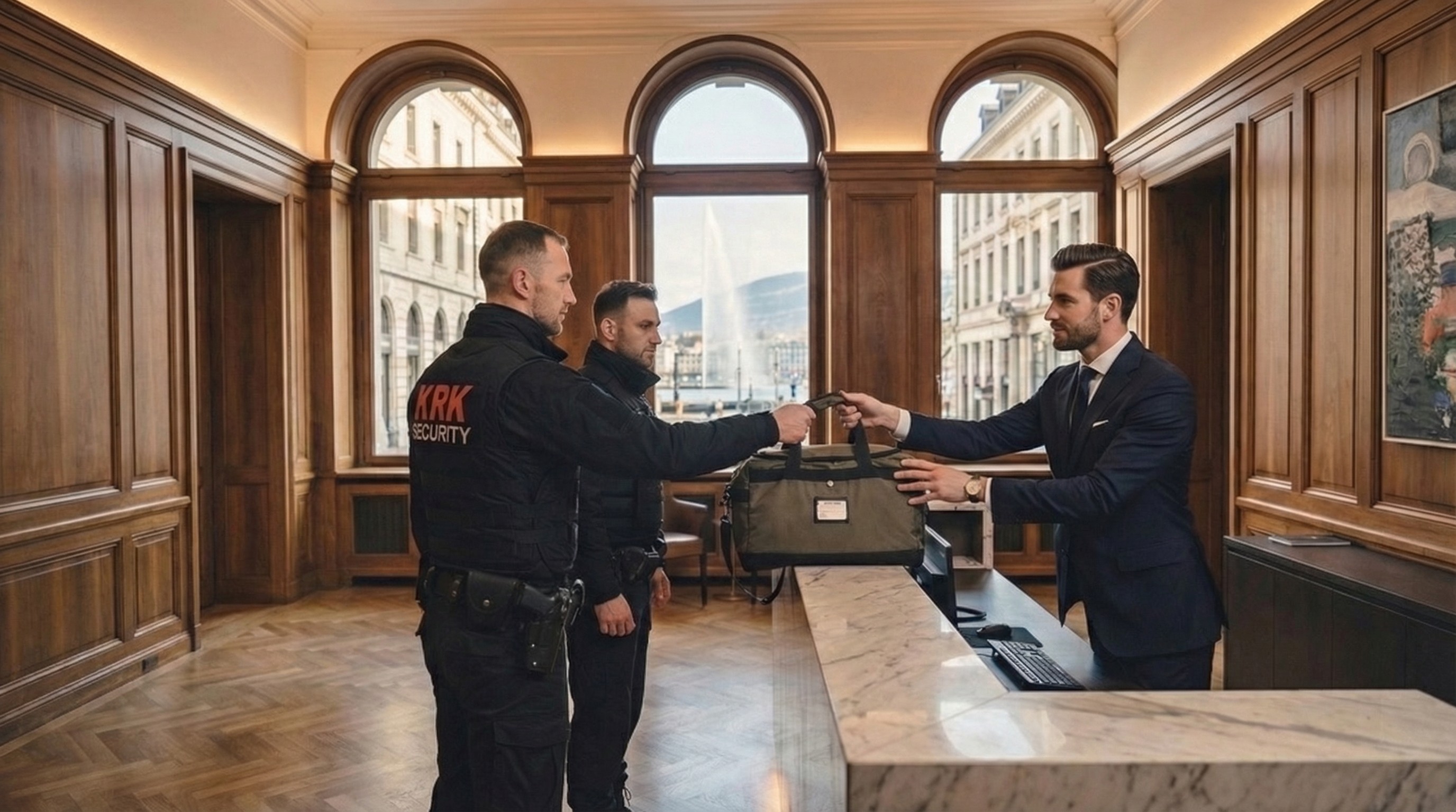 Agents KRK Security remettant un colis sécurisé à un client dans un établissement à Genève