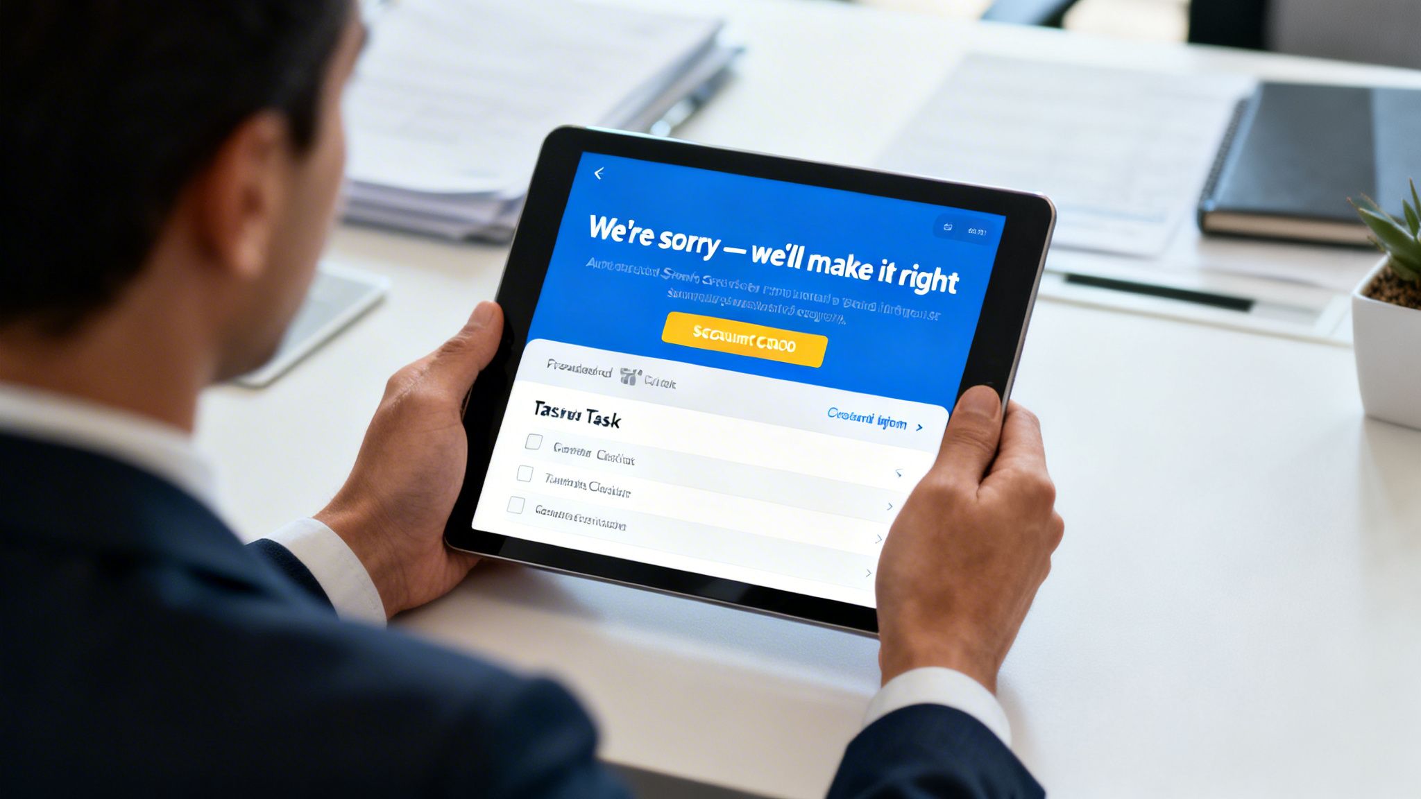 A person holds a tablet displaying an app with an apology message and a task list.