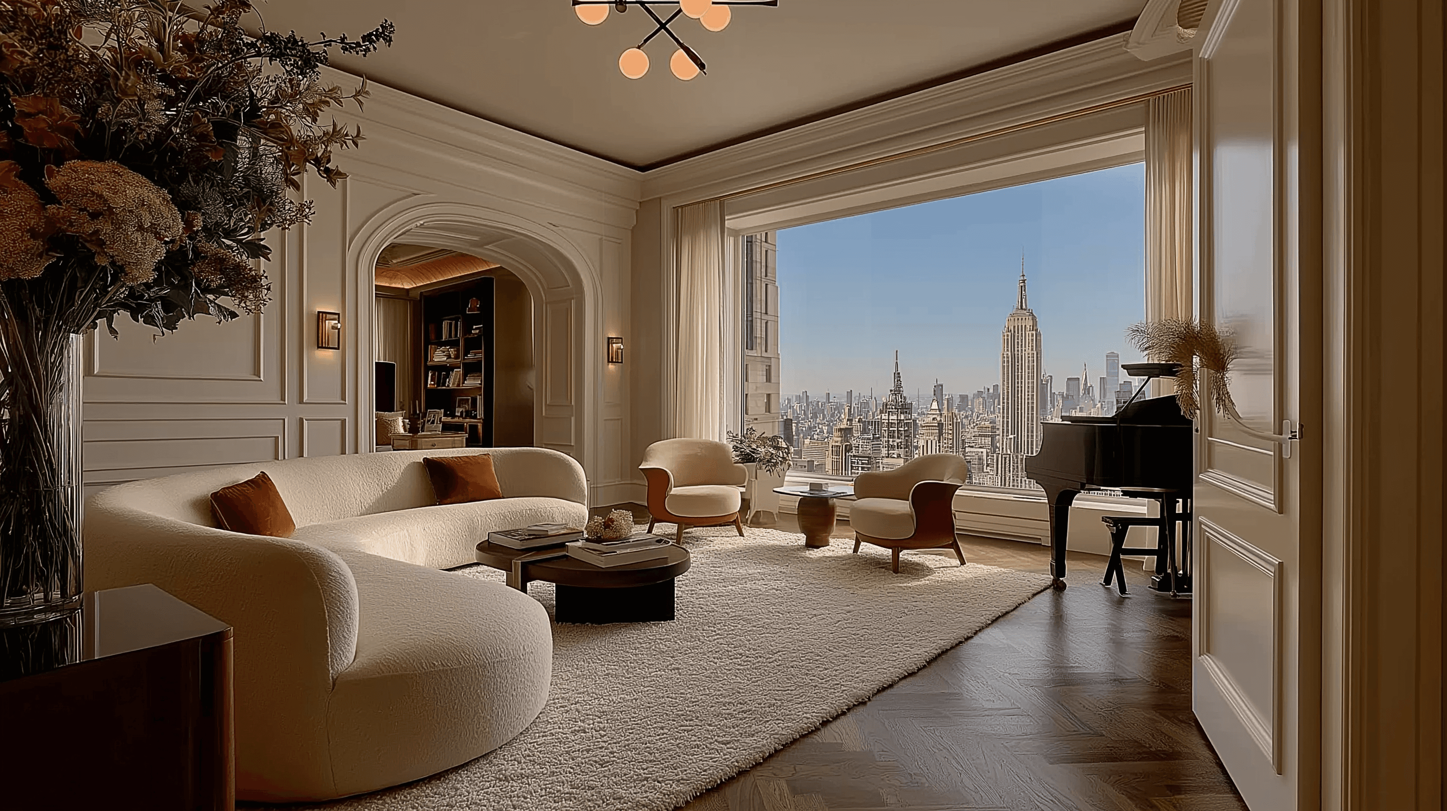 Elegant living room with a curved white bouclé sofa, traditional paneling, a grand piano, and a massive picture window perfectly framing the Empire State Building.