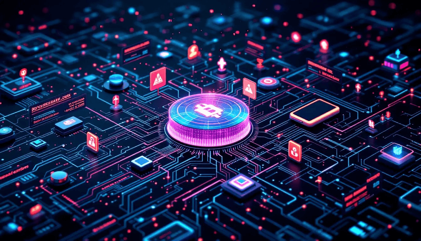 The image illustrates various cybersecurity threats that target cryptocurrency exchanges and digital wallets, highlighting risks such as phishing scams and the potential for stolen funds. It emphasizes the importance of implementing security measures to protect digital assets and ensure secure transactions in the volatile crypto markets.