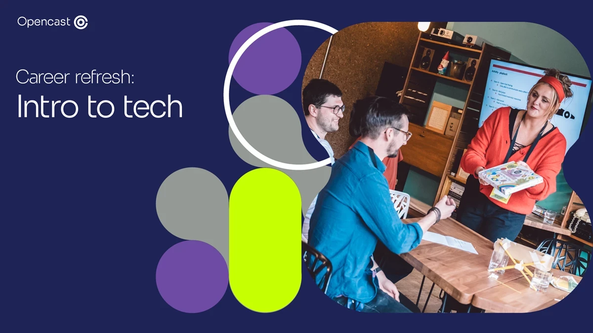 Event graphic with the text "Career refresh: intro to tech" and an image of three people at a tale, one is standing and showing a book to the others
