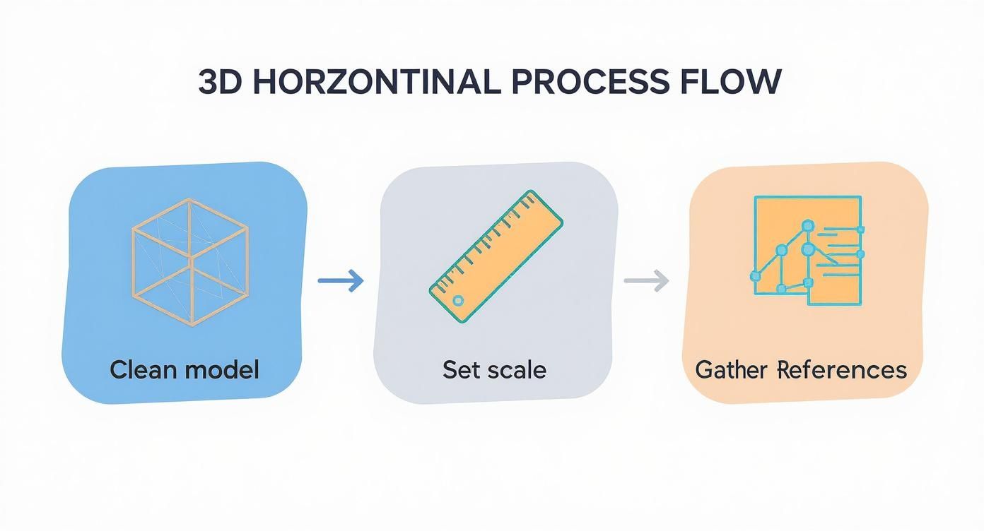 Infographic showing the 3D model prep process: Clean Model, Set Scale, and Gather References.