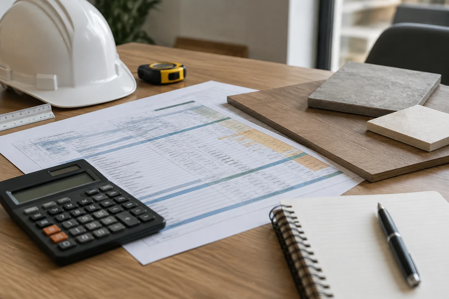 Tableau de postes de travaux imprimé, calculatrice et échantillons de matériaux sur une table