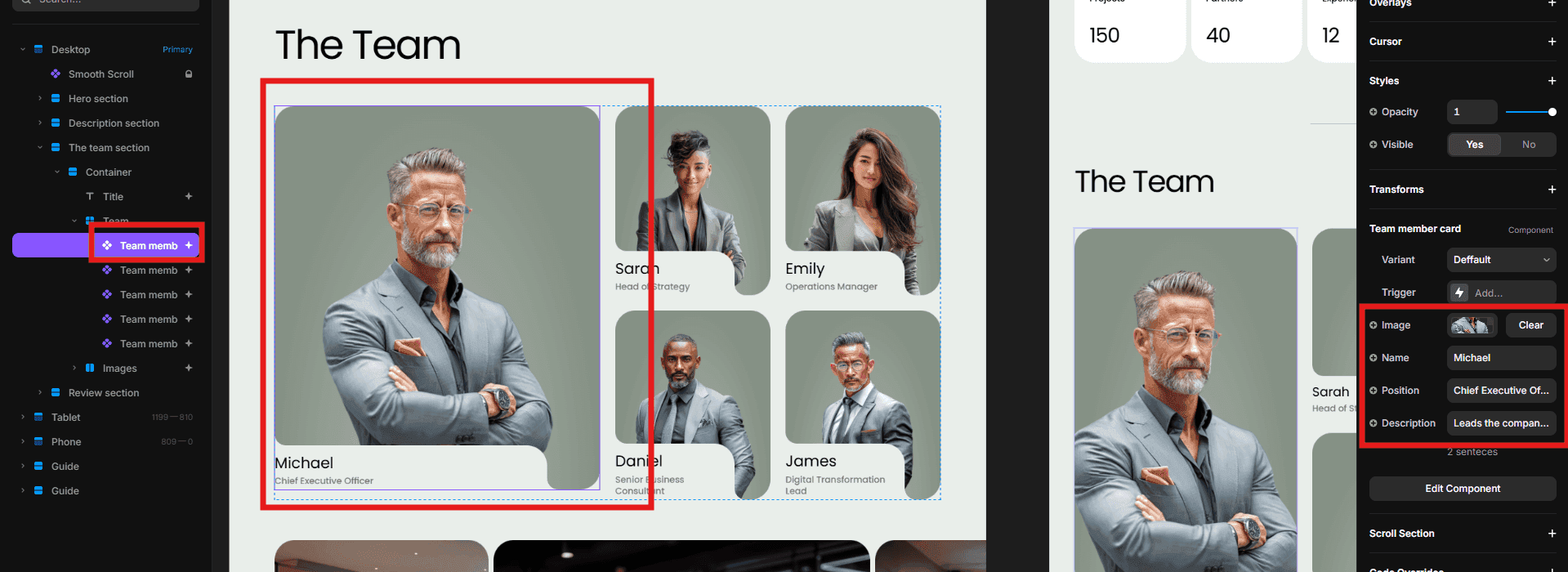 Editing a team member card on the Nexias About page