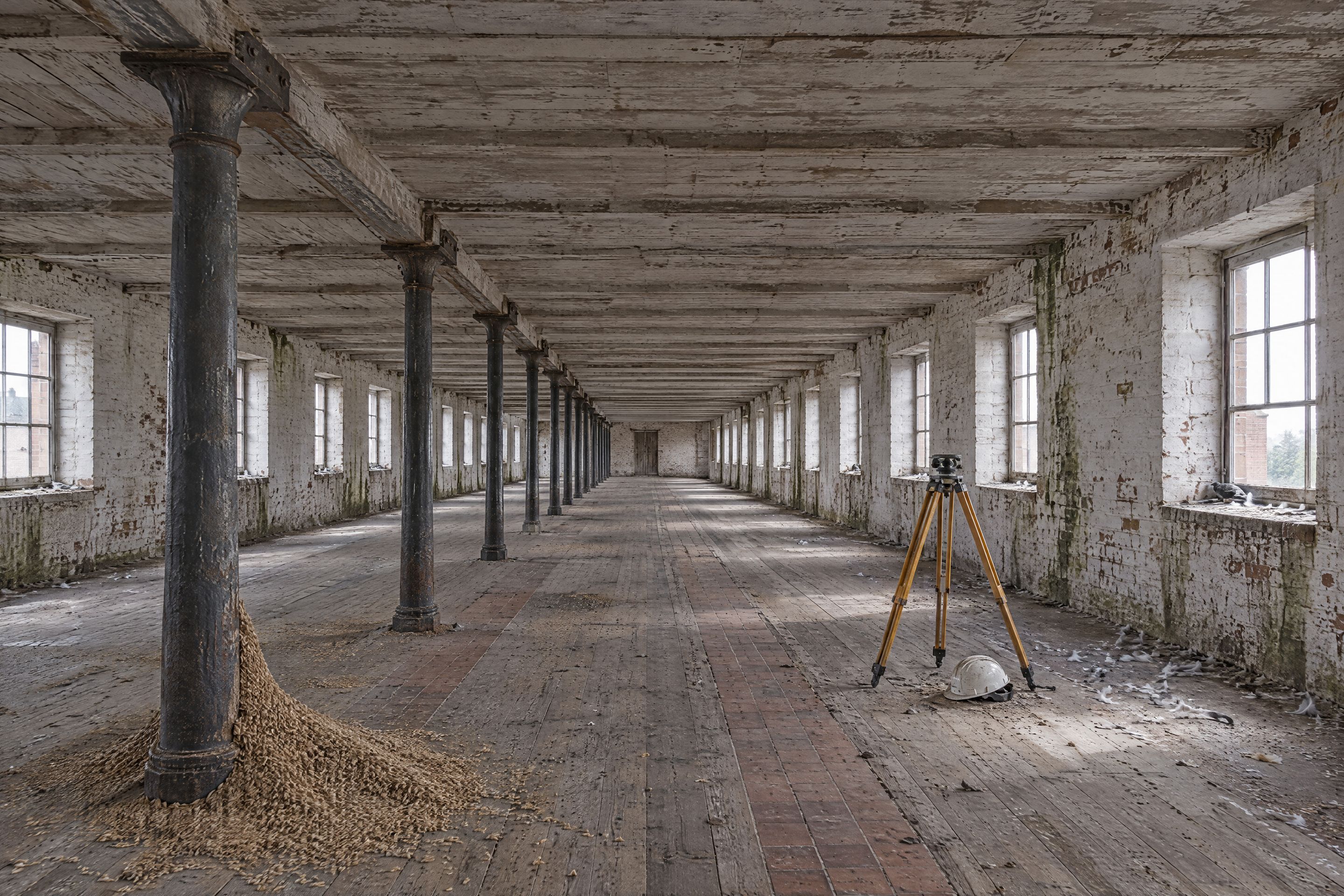 The empty malting floor inside, cast iron columns receding, a surveyor's tripod and hard hat on the boards