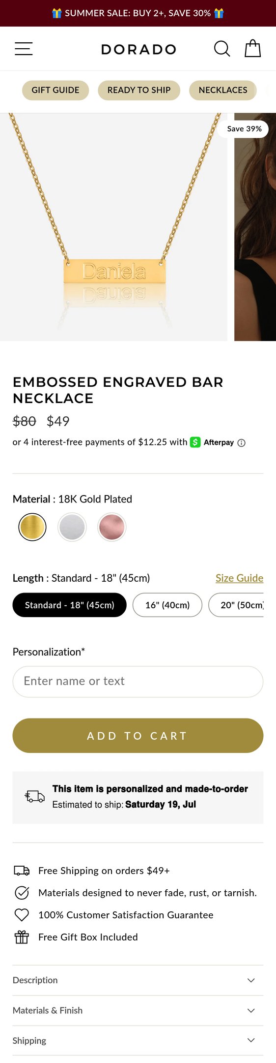 Jewelry product options include: necklace for Embossed Engraved Bar Necklace from DORADO.