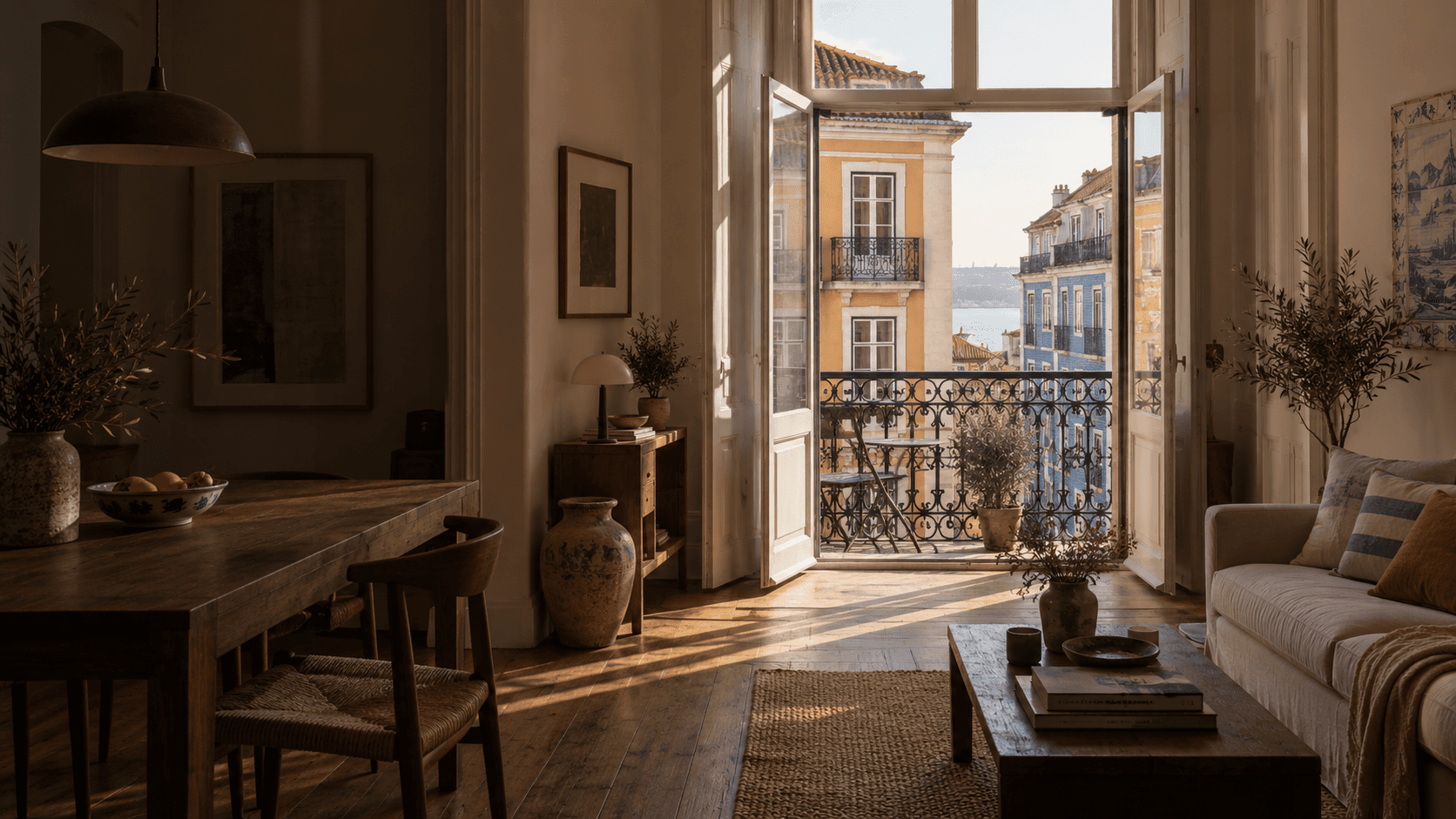 Sunlit living room and balcony above Lisbon