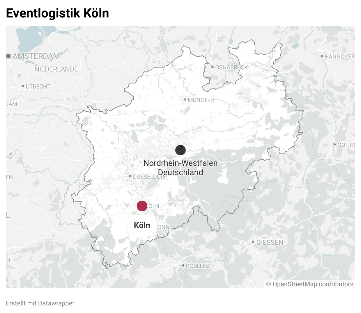 Interaktive Standortkarte der BKD Service GmbH im Raum Köln. Ein zentraler Punkt markiert den Standort in Kürten. Zwei farbige Radien verdeutlichen die Erreichbarkeit: Der innere Kreis zeigt das Kern-Einzugsgebiet innerhalb von 30 Minuten Fahrtzeit (inkl. Köln Zentrum und Bergisch Gladbach), der äußere Kreis die Erreichbarkeit innerhalb von 60 Minuten (inkl. Düsseldorf, Bonn und Teile des Ruhrgebiets). Die Karte verdeutlicht die strategische Lage für kurzfristige Event-Einsätze in NRW.
