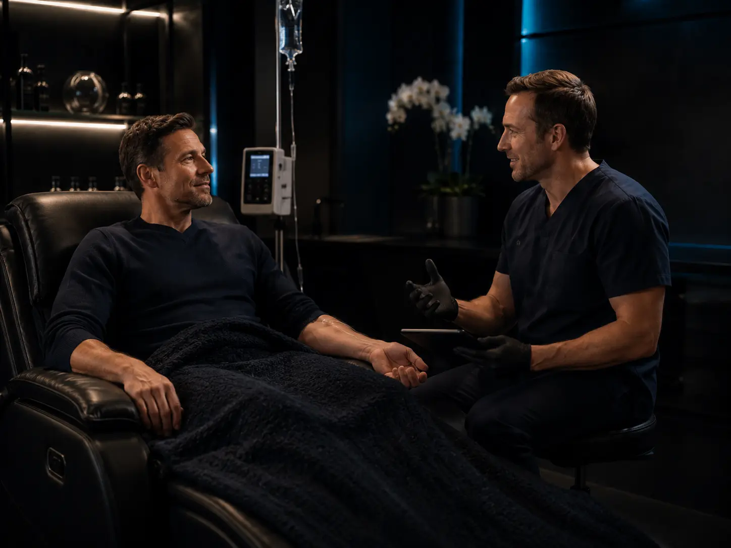 Two men in conversation in a dark lounge with an IV stand and a tablet