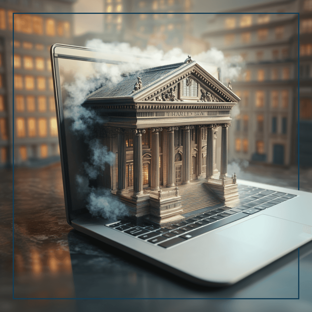 Ein Laptop aus dessen Bildschirm ein Bankgebäude rauskommt