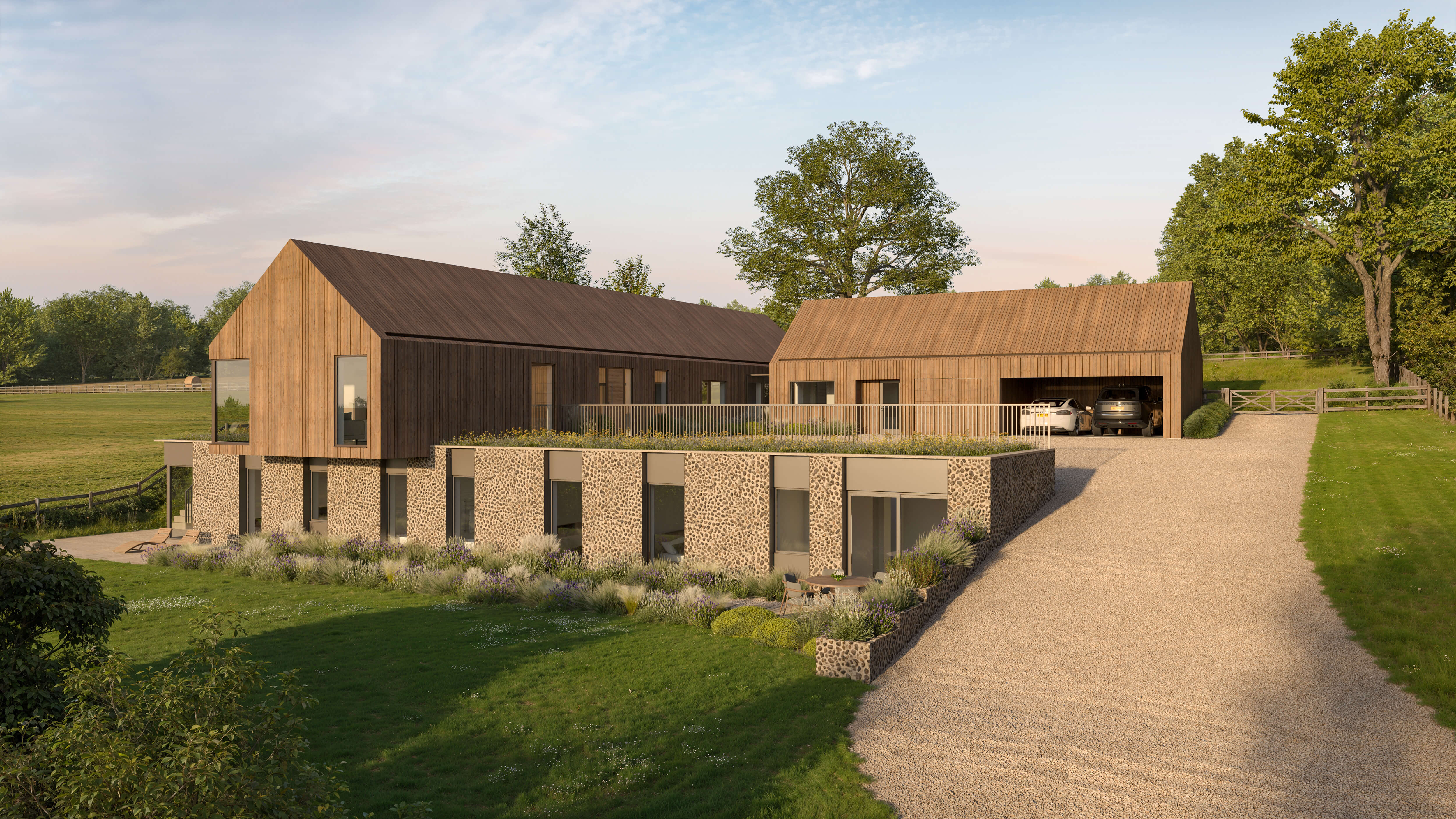 The Arch’s timber-clad rural buildings and landscaped flint lower level
