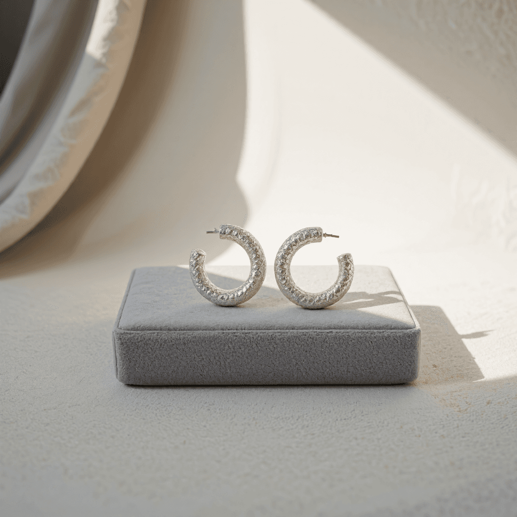 product photography of a pair of silver hoop earrings with a textured design