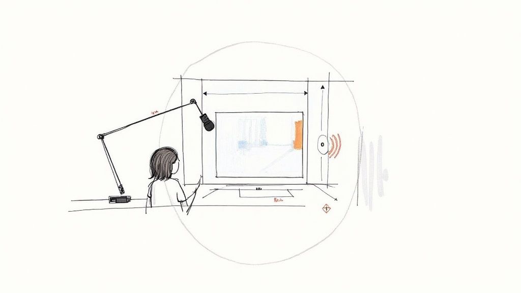 Illustration of a person using a microphone and screen for a webinar recording setup.