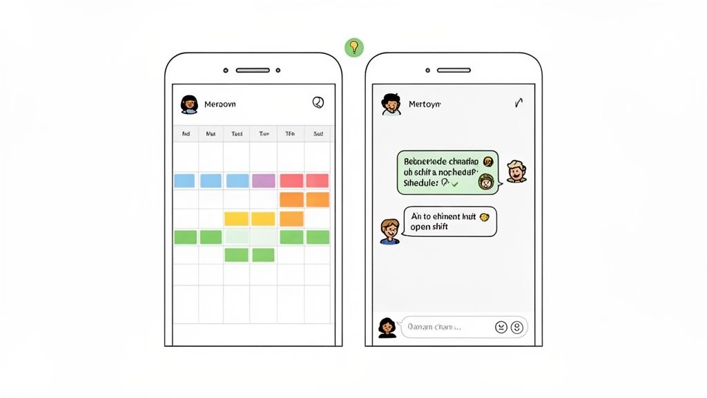 Two smartphones displaying a shift management application with a scheduling calendar and team chat.