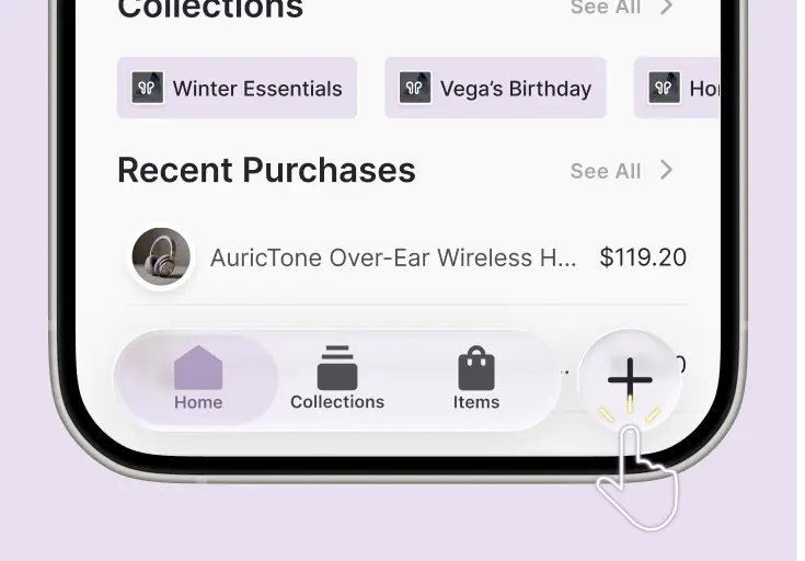 Whisprice app home screen showing the + button in the bottom navigation bar to add a new product
