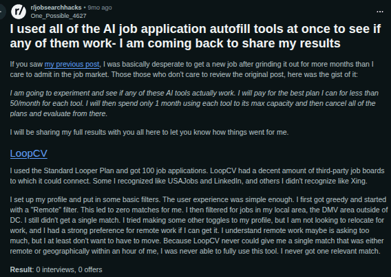 Reddit review of LoopCV Standard plan reporting 100 applications with zero interviews and zero offers