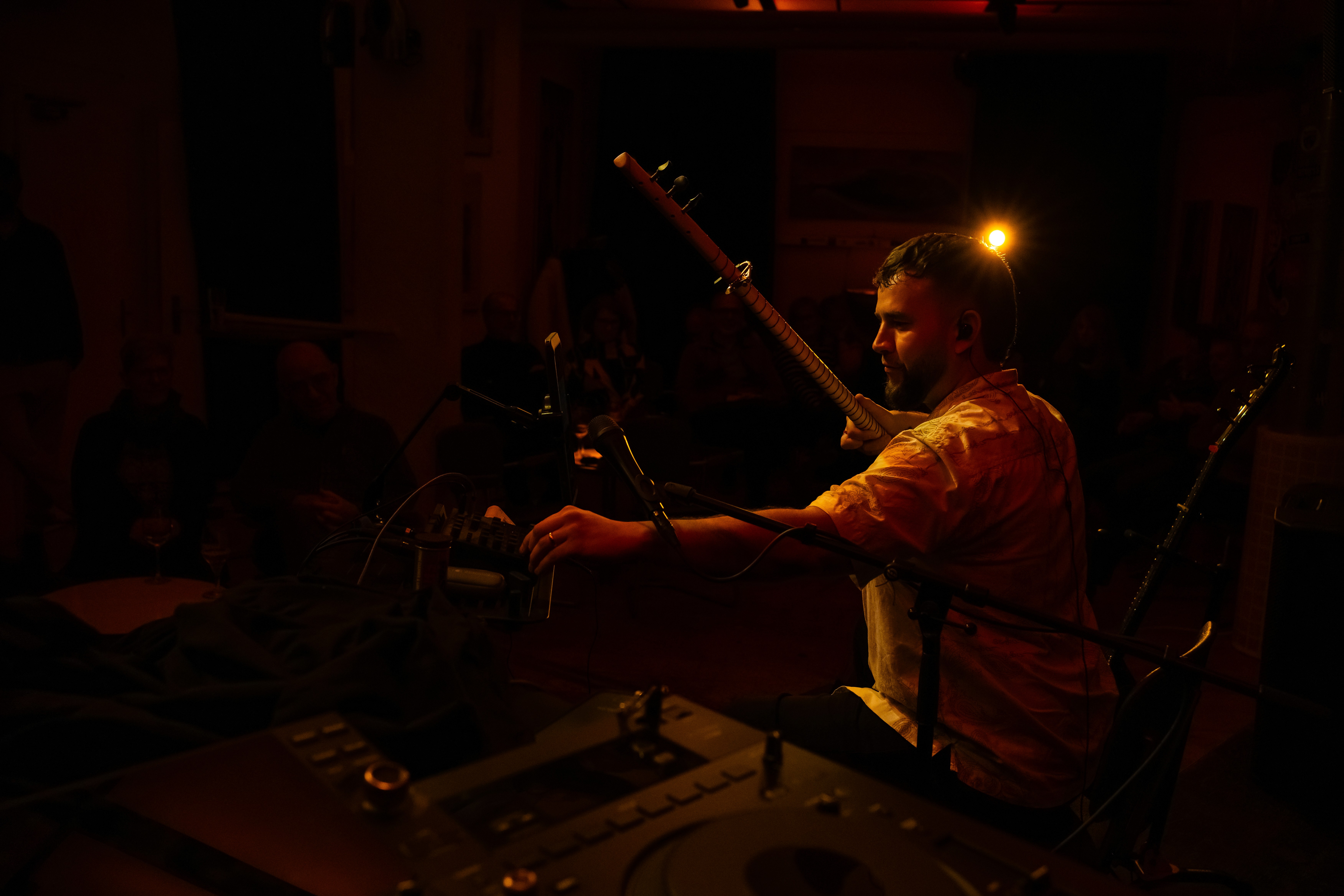 Surreal portrait of man with kaleidoscope effect and neon lighting