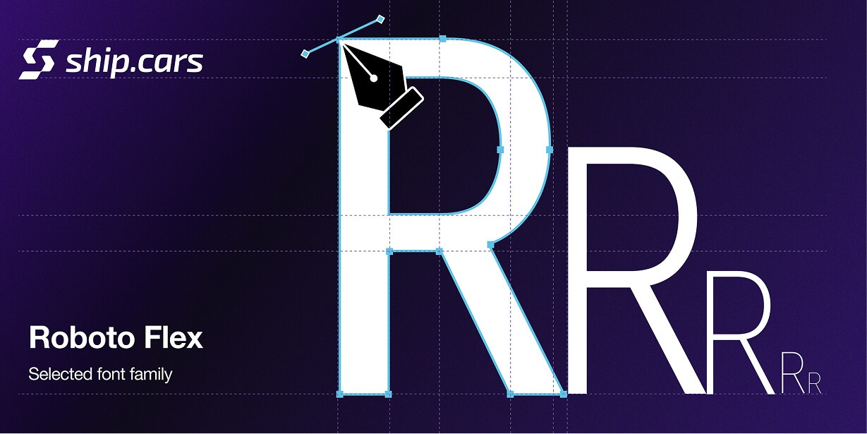 Typography system showcasing Roboto Flex font with grid alignment and scalable letterforms used in the Ship.Cars design system