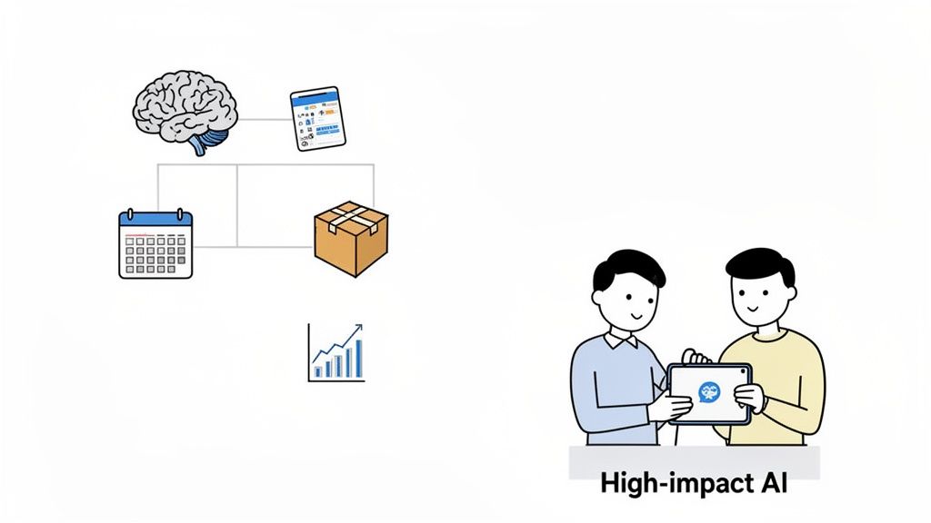 Illustration of AI processing business data like calendar, products, and analytics for high-impact AI application.