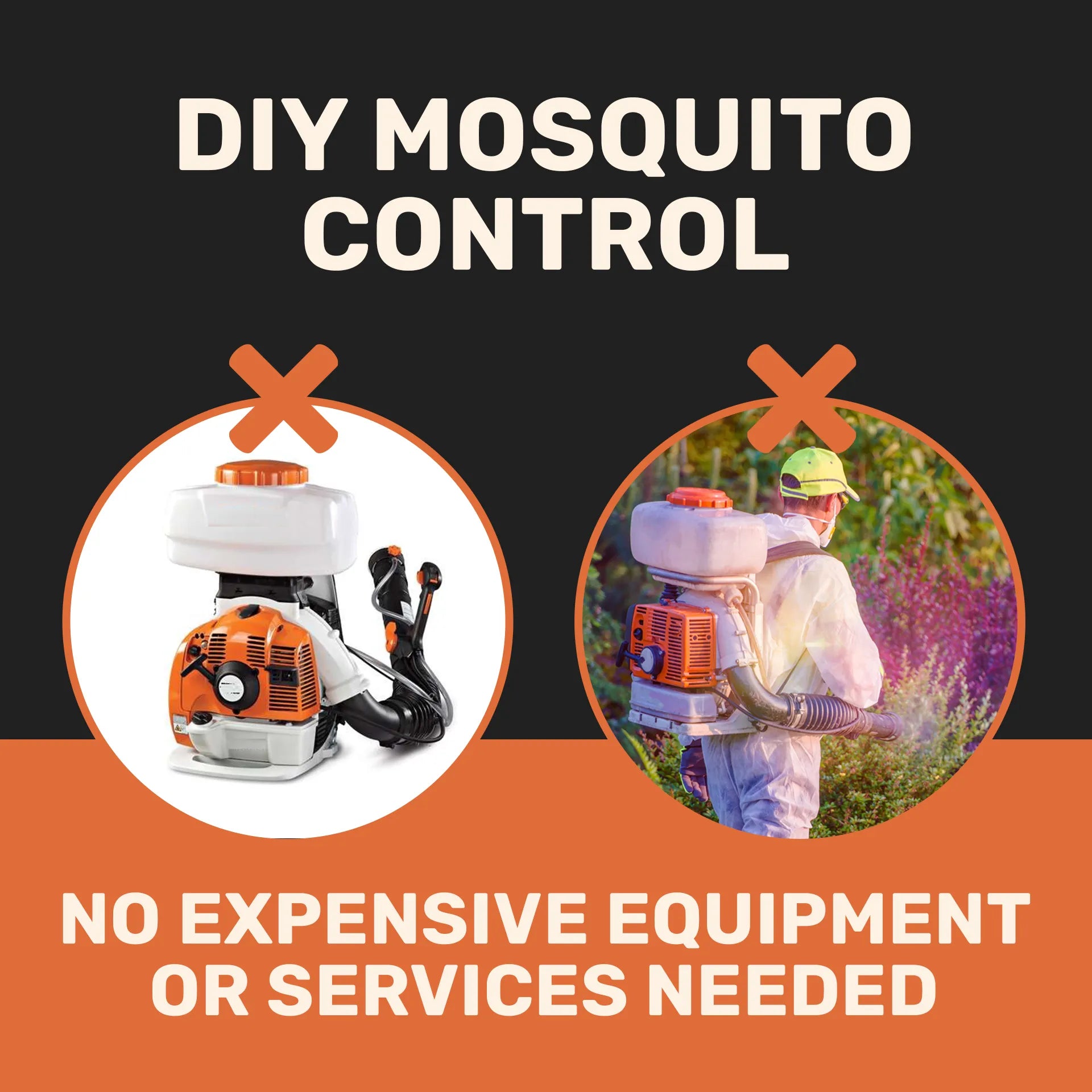 DIY mosquito control with a backpack sprayer and text about no expensive equipment needed.