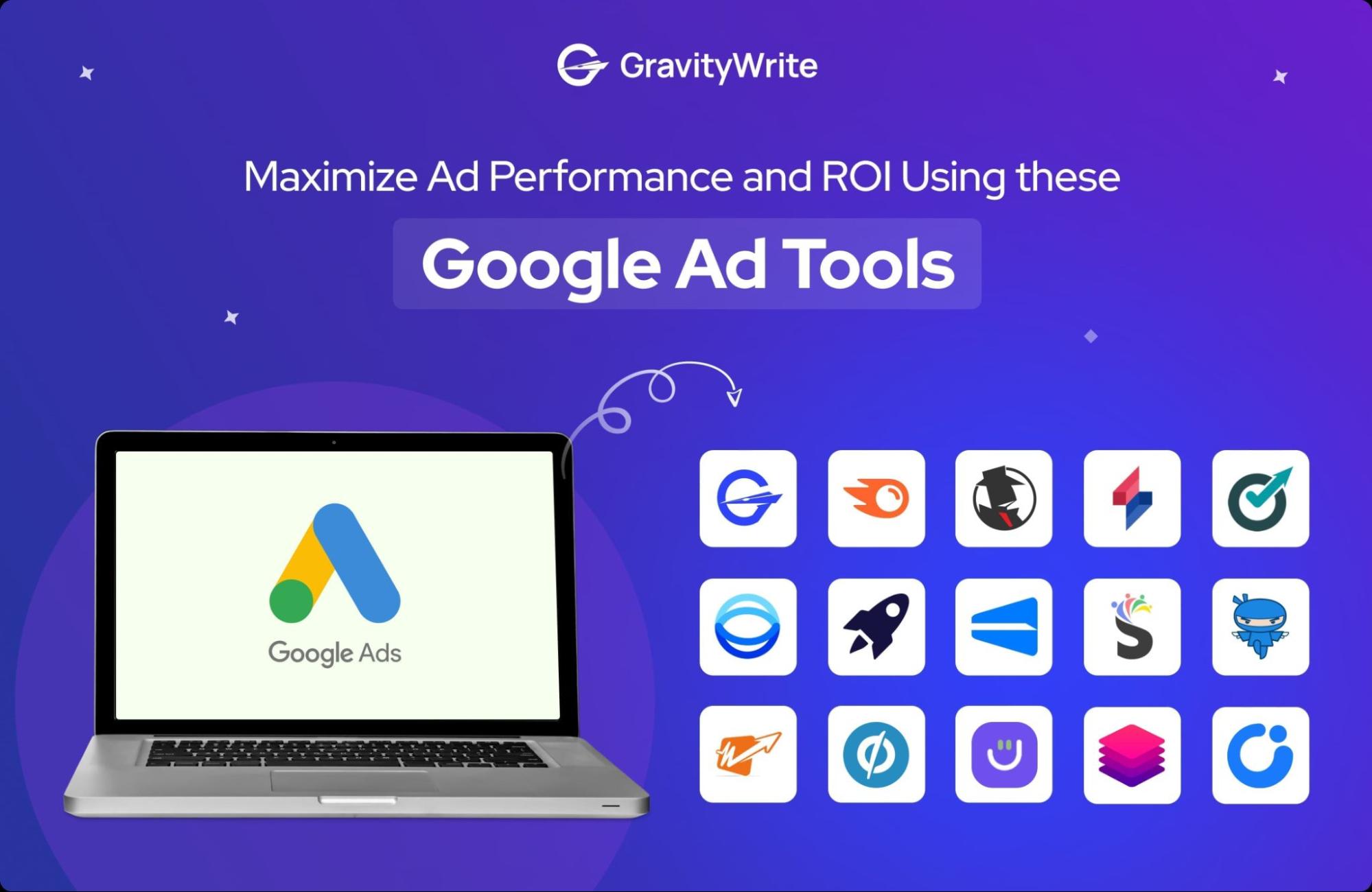 snapshot of a laptop displaying the Google Ads logo, surrounded by icons of various Google ads tools on a vibrant purple gradient background 