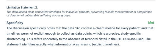 thesify feedback showing a met score for a specific limitation statement about timelines
