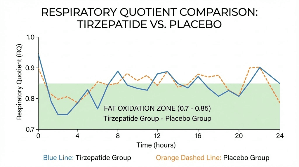 Tirzepatide respiratory quotient chart showing increased fat oxidation versus placebo