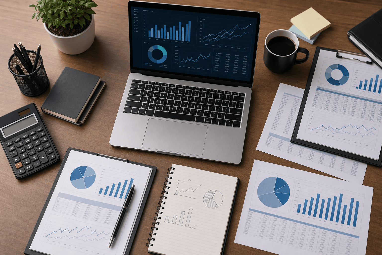 Professional workspace desk viewed from above showing a laptop displaying financial charts and graphs, spreadsheets with data columns, a calculator, financial reports with bar charts and pie charts, a notepad with handwritten notes, and a coffee cup. Modern office setting with clean lighting, business professional aesthetic, focus on financial analysis tools and data visualization.