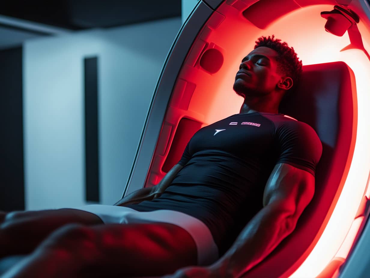 An athlete relaxes in a high-tech recovery pod with red lighting, emphasizing the importance of sleep optimization for enhancing performance. This innovative approach supports muscle recovery and overall sleep health, crucial for high-performance athletes.