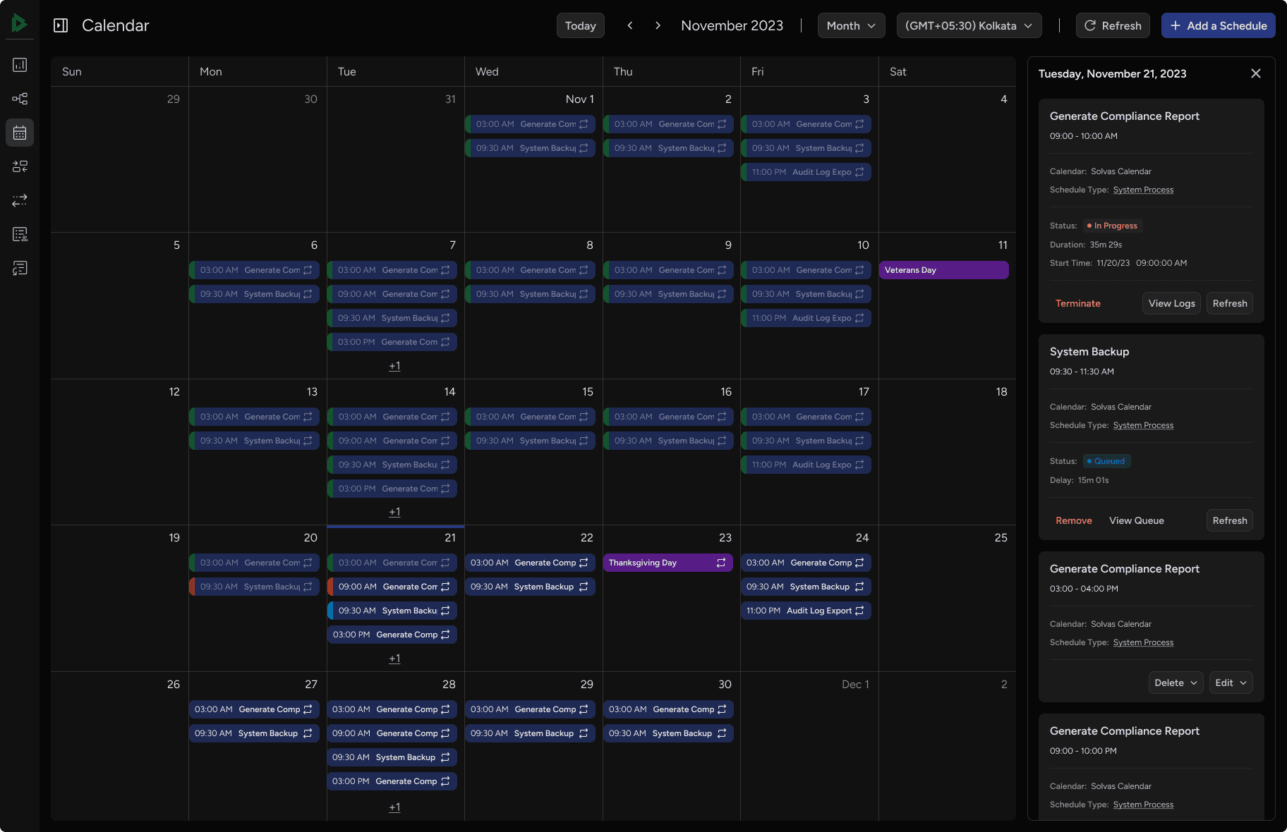Calendar month view showing scheduled processes with statuses and a side panel displaying processes for a particular day