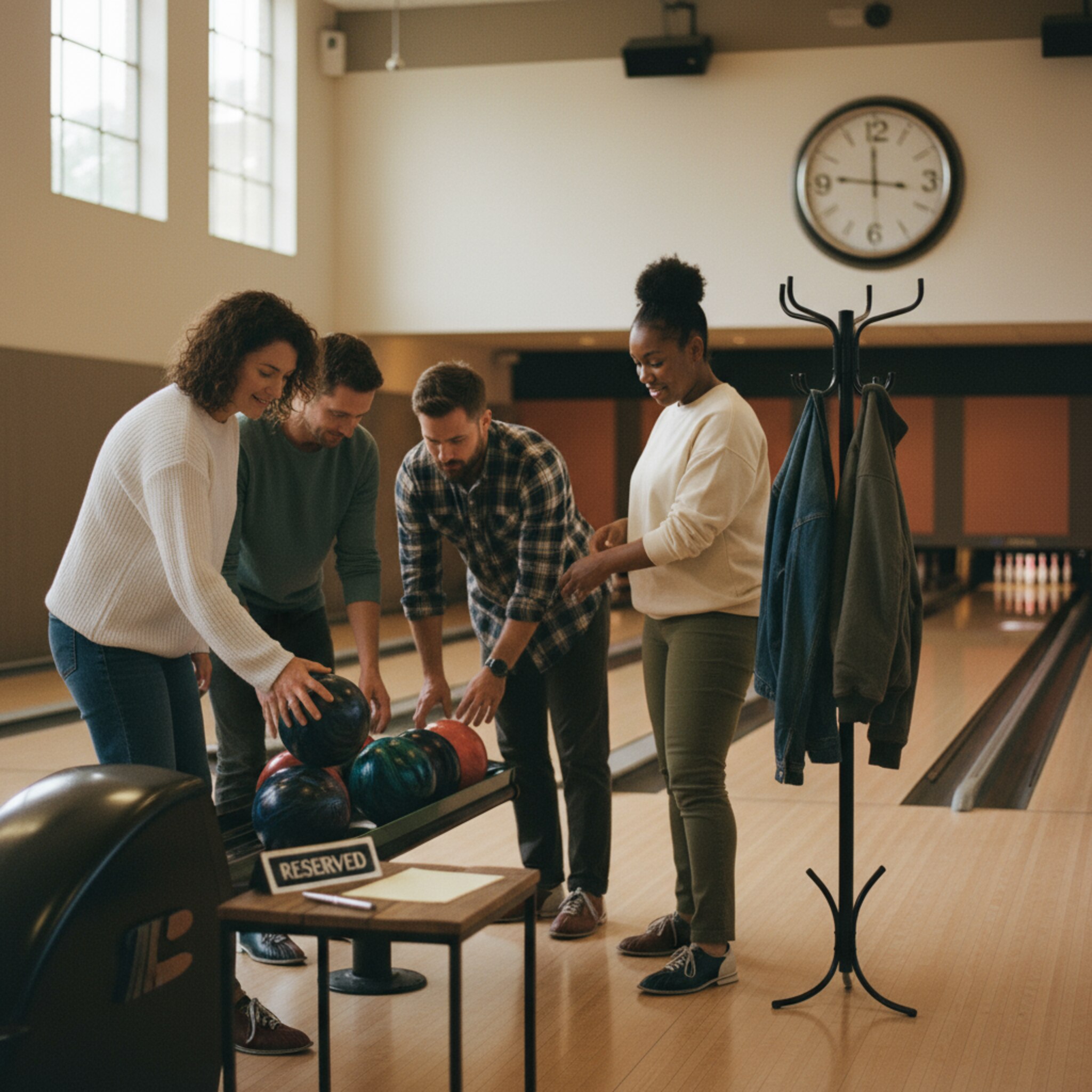 Ein reserviertes Schild steht auf einem kleinen Tisch an der Bahn. Die Gruppe trifft pünktlich ein, Jacken werden aufgehängt, Kugeln ausgewählt. Eine Wanduhr zeigt kurz vor Spielbeginn. Der Ablauf wirkt strukturiert, ohne Hektik oder Wartezeiten.