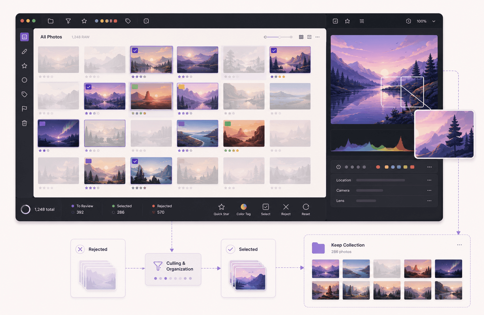 Photo-culling workspace with RAW thumbnails, ratings, color markers, faded rejected images, detailed preview, and selected photos moving into a collection.