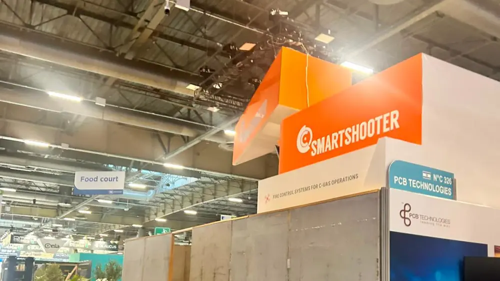 The walled-off pavilion of Smartshooter, an Israeli producer of weapons stabilization sights against attack drones, in Paris on June 15, 2026. Photo courtesy of the Ministry of Defense of the State of Israel.