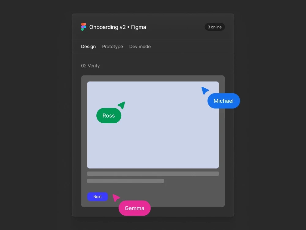 Figma prototype with collaborator cursors reviewing the dev-ready first version