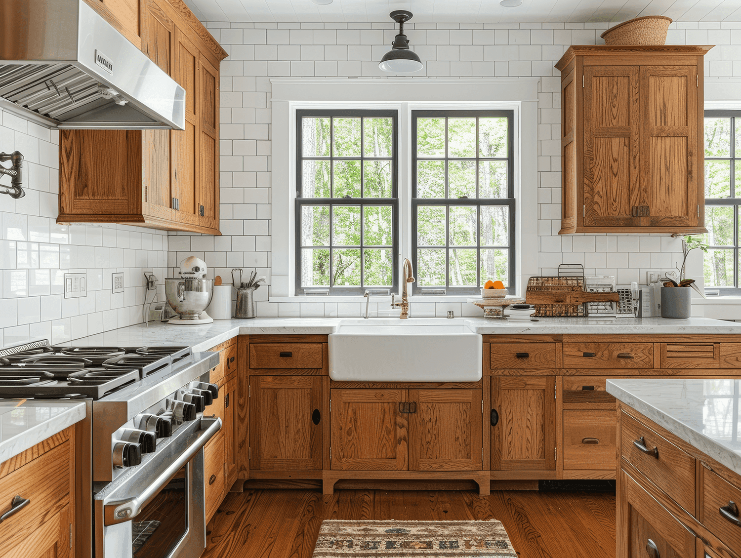 A cozy kitchen with warm wood cabinetry, a farmhouse sink, and a subway tile backsplash. Black window frames contrast with the natural wood tones, while modern stainless steel appliances blend functionality with rustic charm.