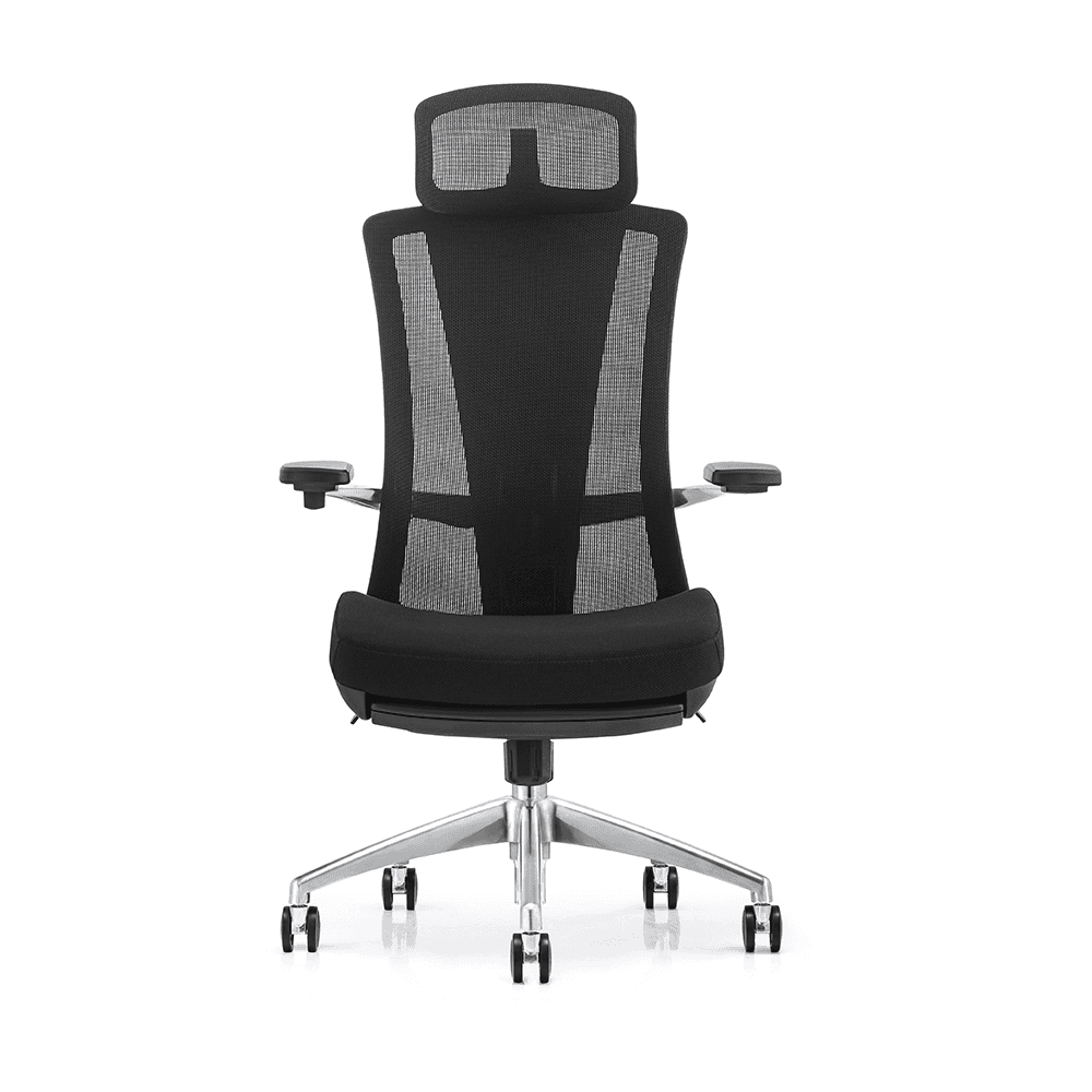 Front view of a high-back ergonomic mesh office chair in black, featuring a wide adjustable headrest, padded seat cushion, and polished chrome 5-star swivel base.