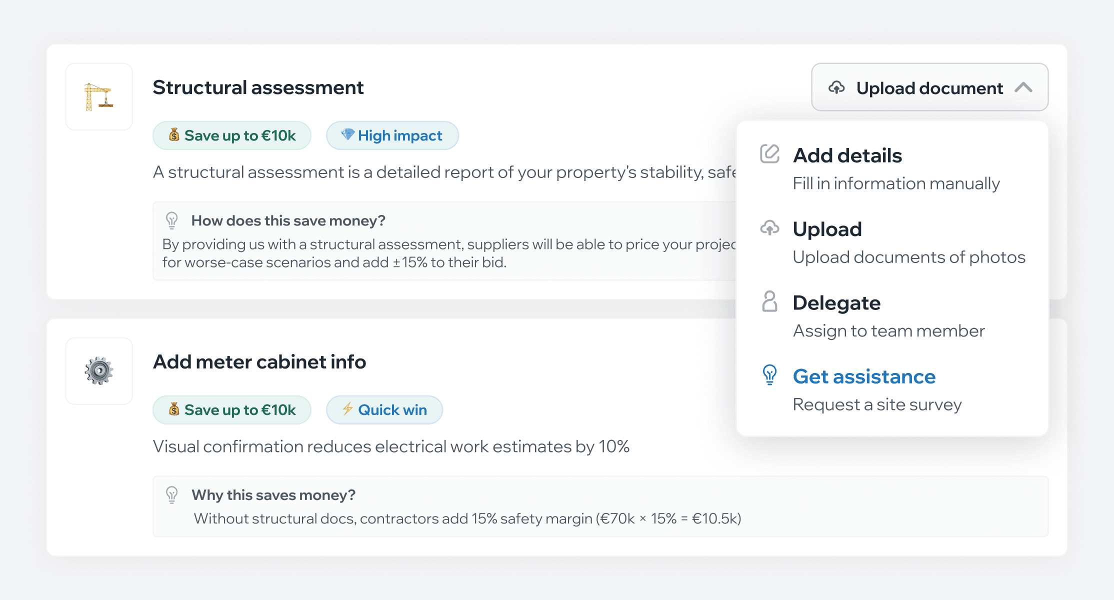 Structural assessment recommendation card with Save up to €10k tag, showing four action options: Add details, Upload, Delegate to team member, or Get assistance