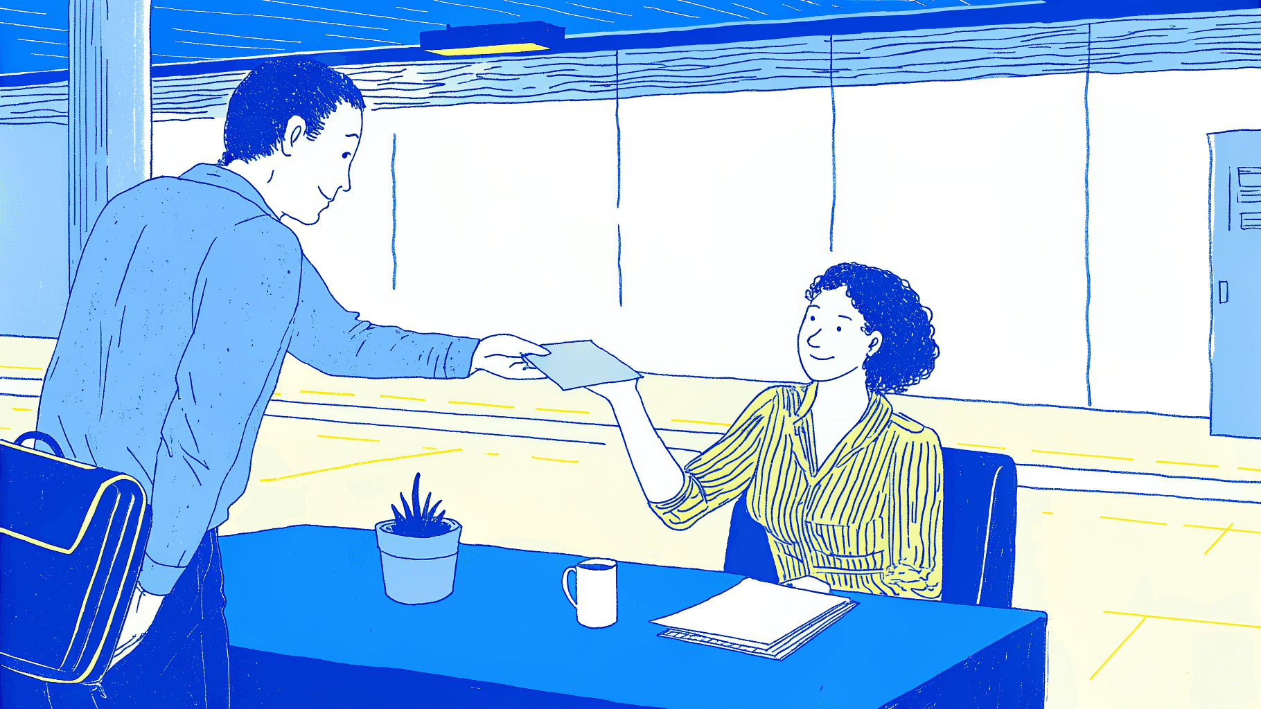 bowling team captain submitting edgy team name to league commissioner at front desk