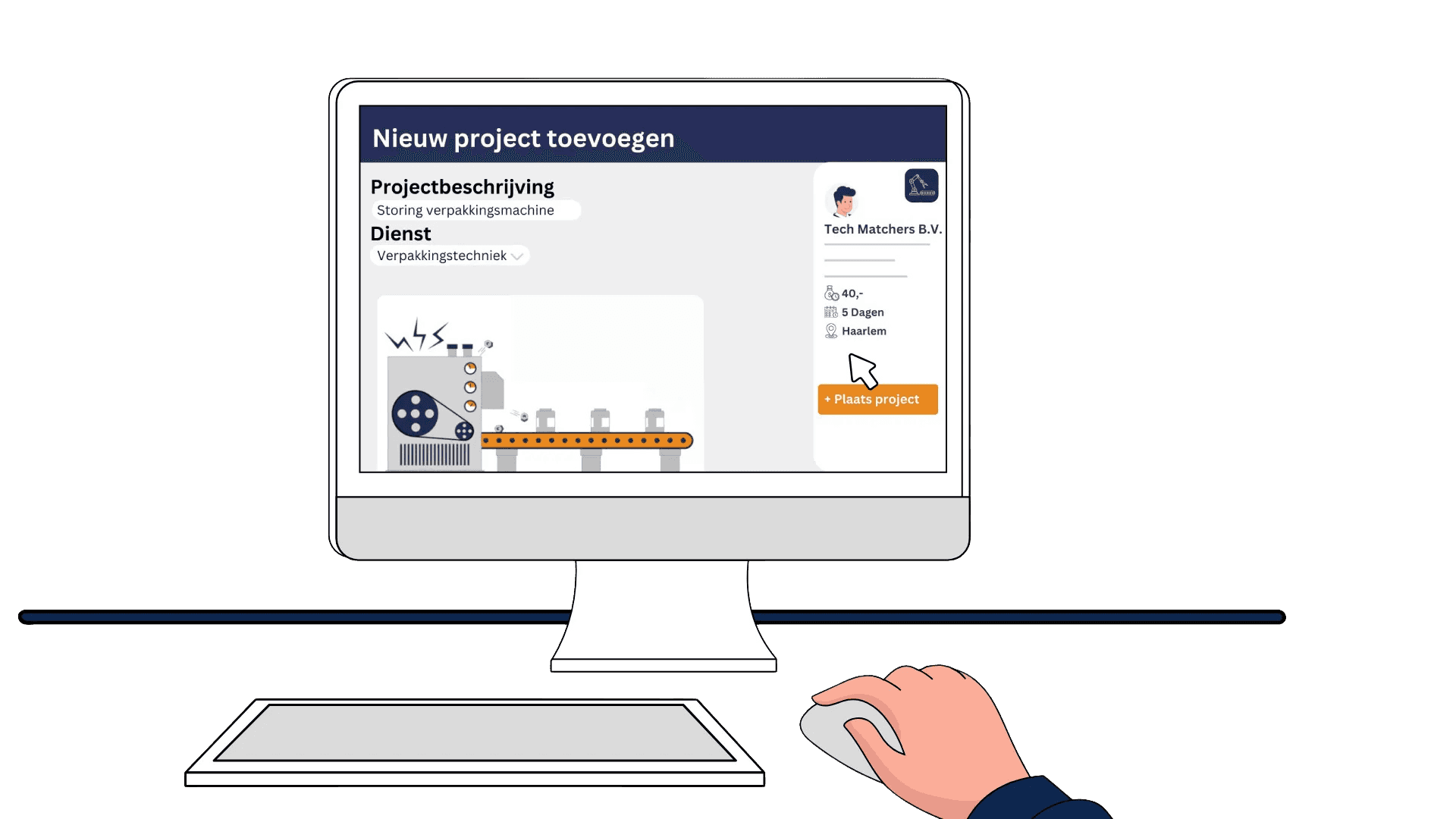 Screenshot van een projectbeschrijving op het Tech Matchers platform, waar opdrachtgevers ervaren vakmensen zoeken voor rioolreparatie en andere klussen in de rioleringstechniek.