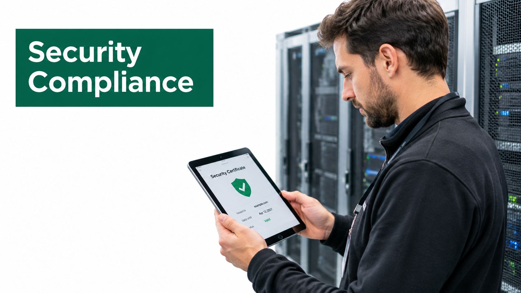 A technician holds a tablet showing a valid security certificate in front of server rack cabinets.