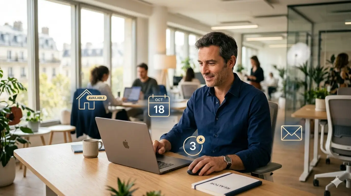 Agent immobilier à son bureau avec des icônes IA flottantes représentant leads, calendrier et annonces
