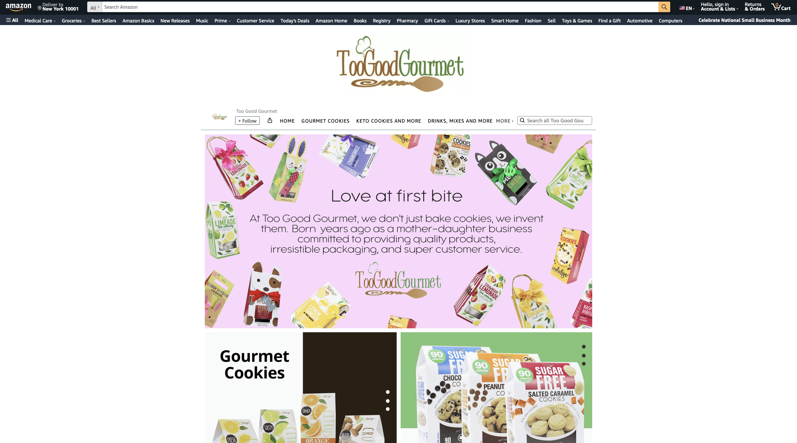 Too Good Gourmet website homepage featuring cookies, text, and colorful packaging.