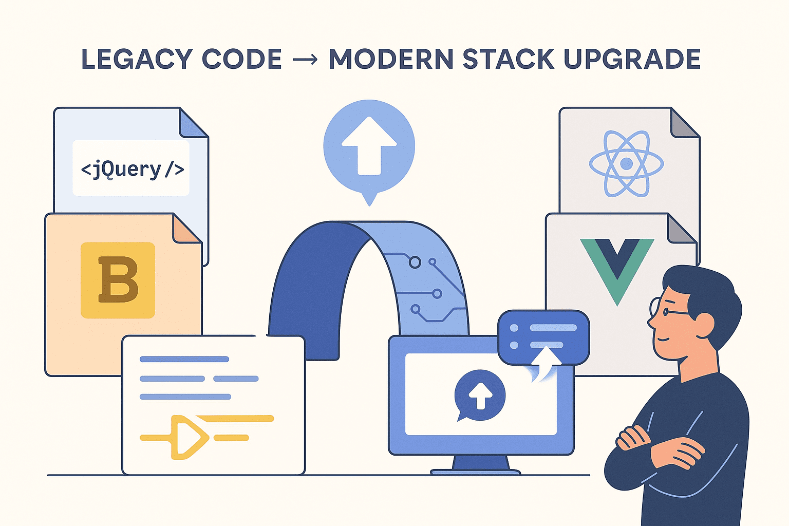 AI-powered upgrade bridge transforming legacy jQuery and Backbone code files into modern React and Vue components as a developer watches.