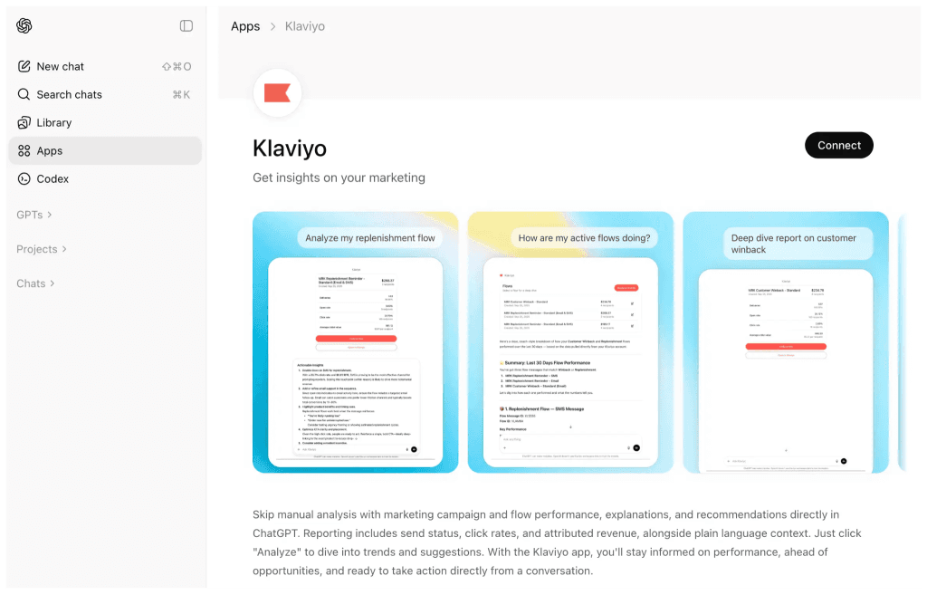 Seite der Klaviyo-App in ChatGPT mit Connect-Button und Beispielen für Marketinganalysen